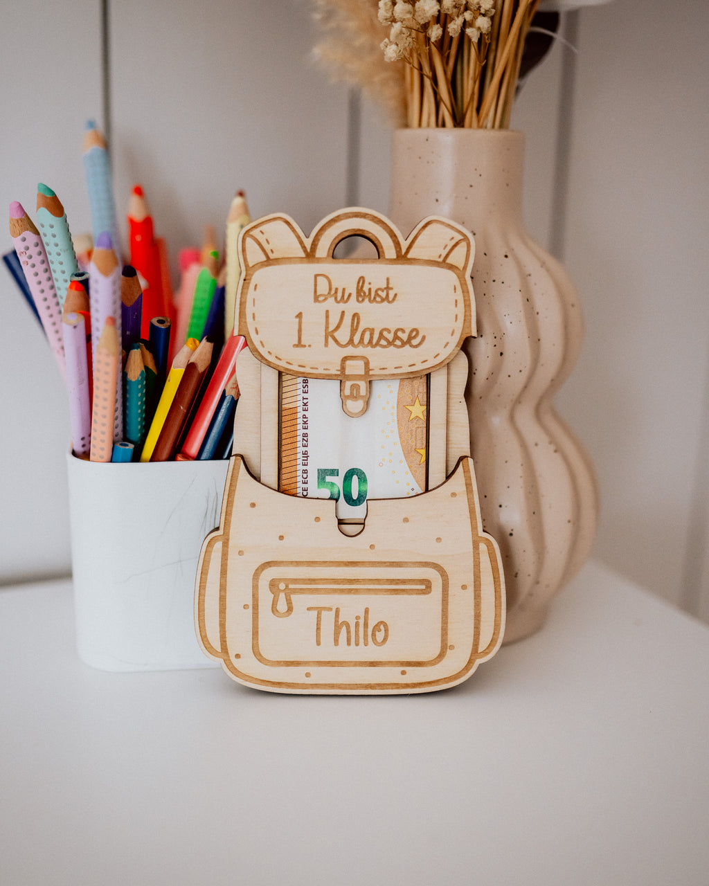 Personalisierter Rucksack aus Holz als Geldgeschenk – "Einschulung & Kindergarten"