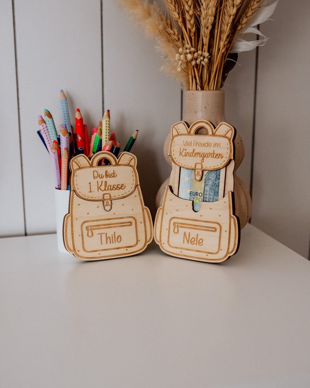 Personalisierter Rucksack aus Holz als Geldgeschenk – "Einschulung & Kindergarten"