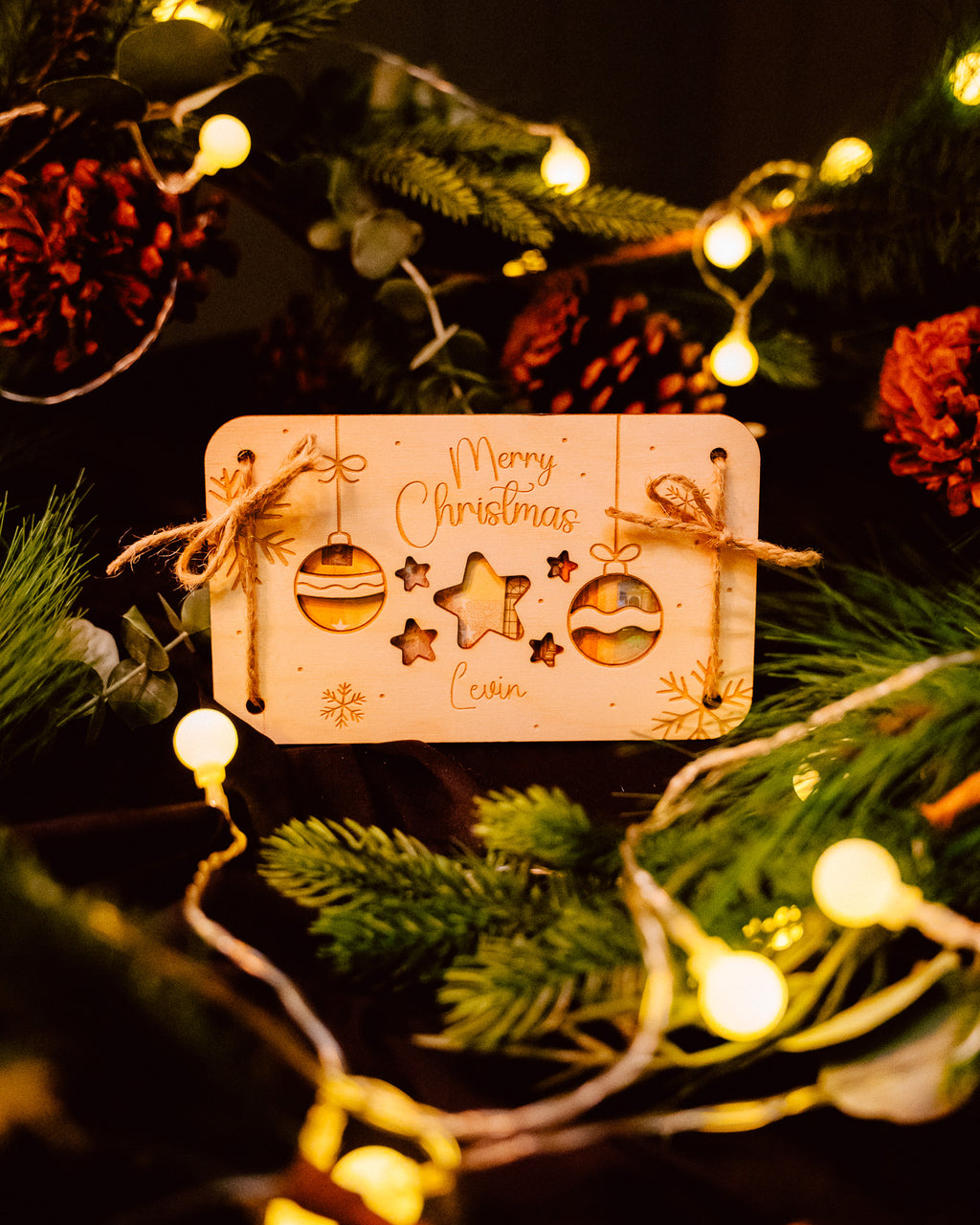 Geldgeschenk-Karte - "Weihnachten" aus Holz mit Wunschname