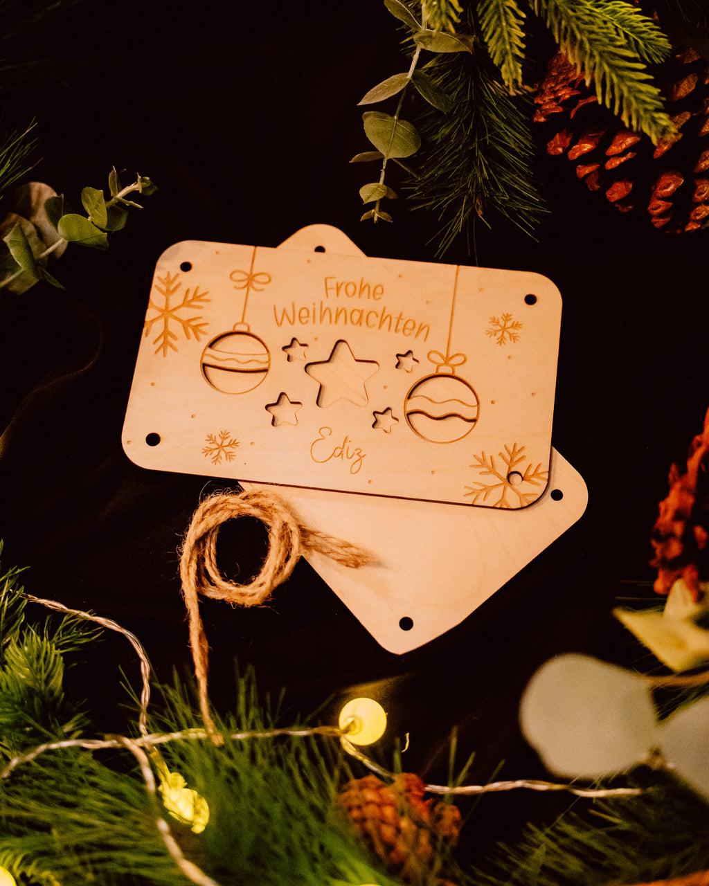 Geldgeschenk-Karte - "Weihnachten" aus Holz mit Wunschname