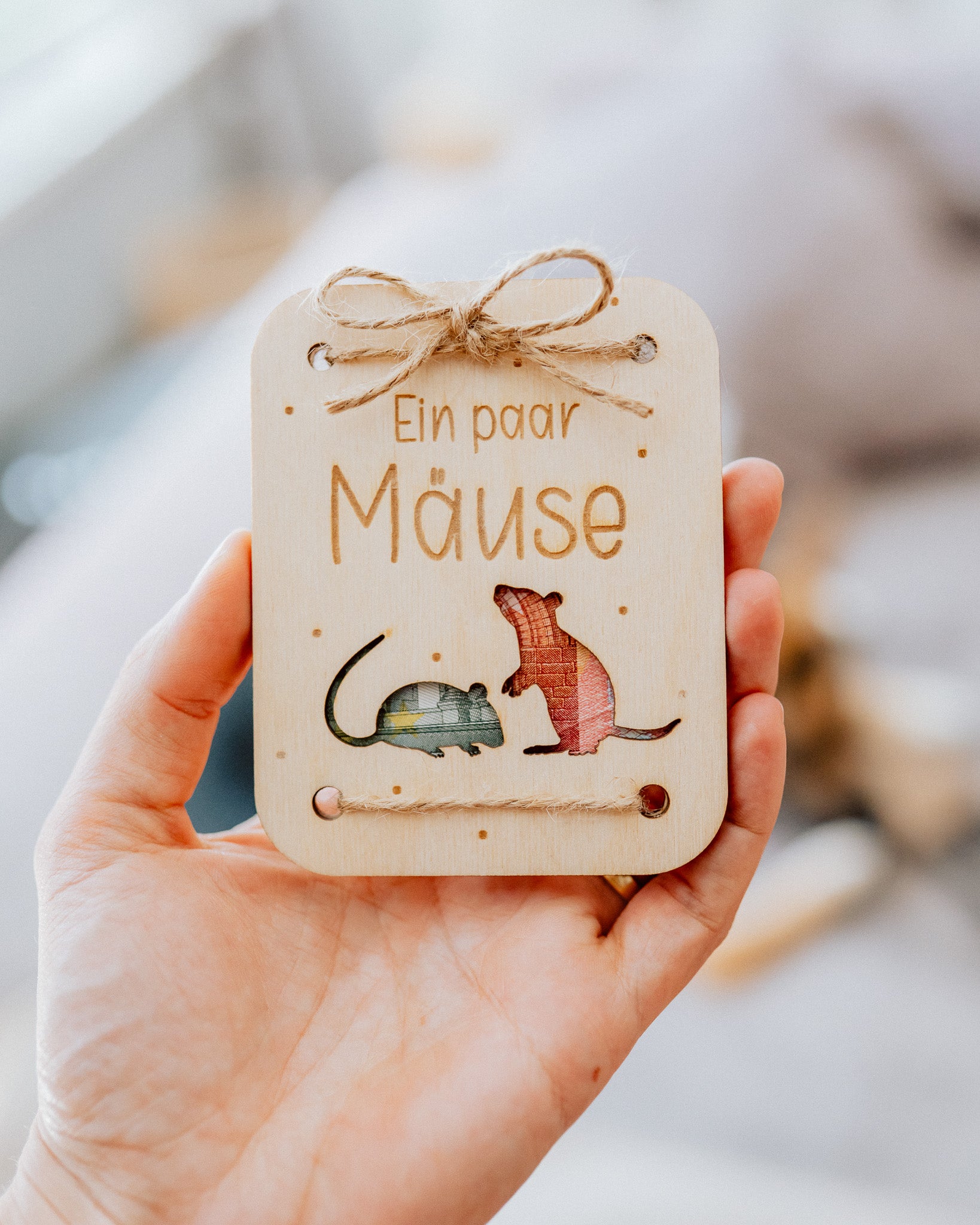 Geldgeschenk-Karte - "Mäuse" aus Holz