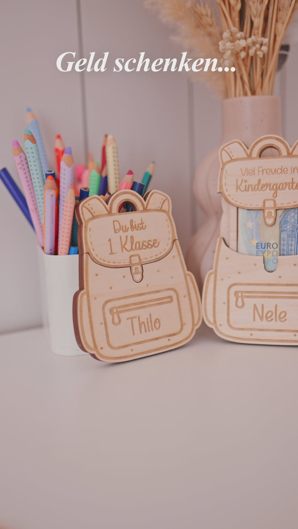 Personalisierter Rucksack aus Holz als Geldgeschenk – "Einschulung & Kindergarten"